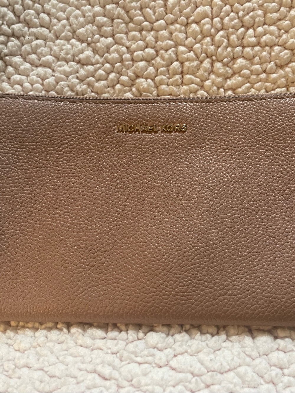 Michael Kors Pebbled Leather Wristlet in Taupe Brown with Gold Logo